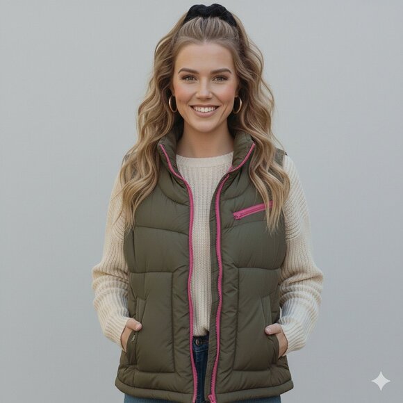 Arizona Jackets & Blazers - Arizona Olive Green & Pink Girls Juniors Full Zip X-Large Y2K Lined Puffer Vest